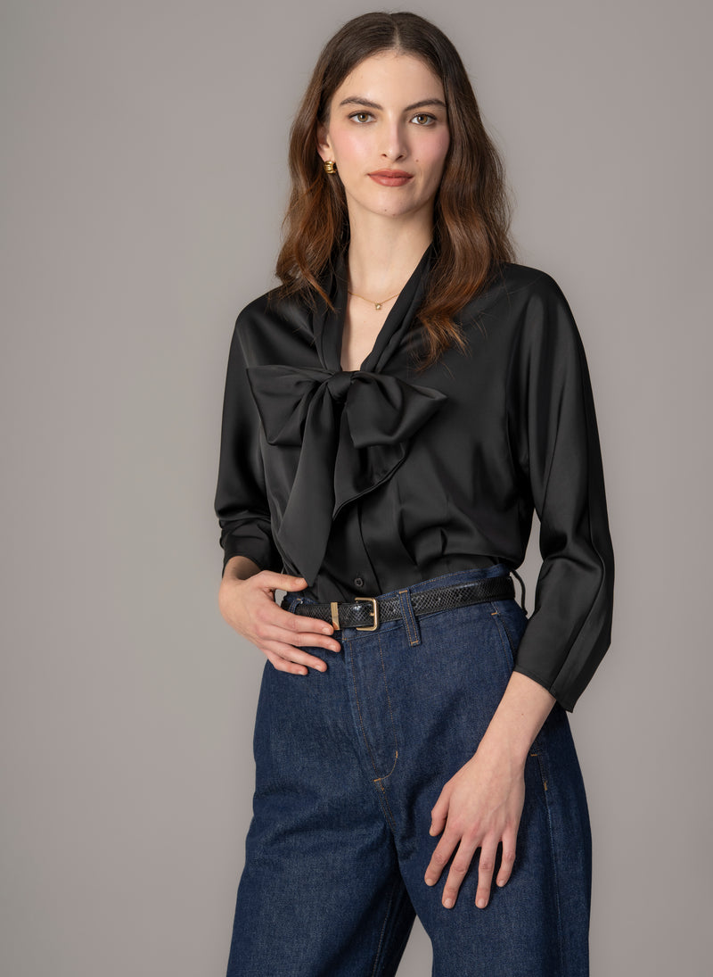 Celeste Black Pussy Bow Blouse