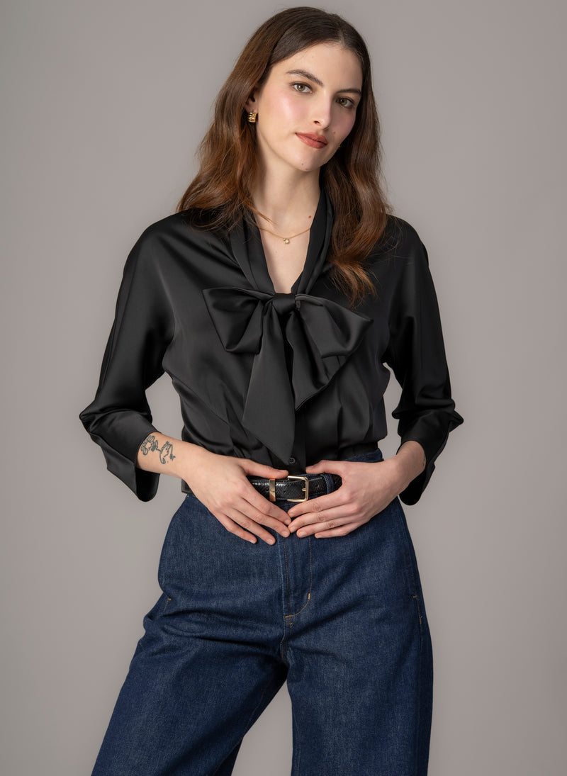 Celeste Black Pussy Bow Blouse
