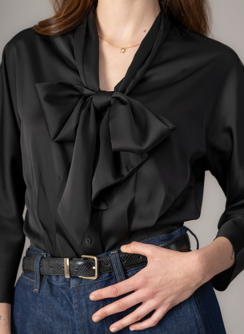 Celeste Black Pussy Bow Blouse