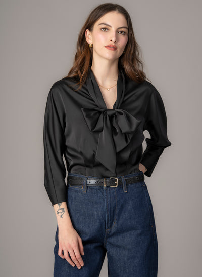 Celeste Black Pussy Bow Blouse