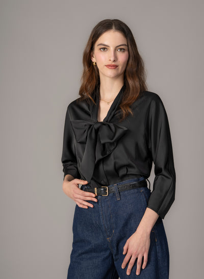 Celeste Black Pussy Bow Blouse
