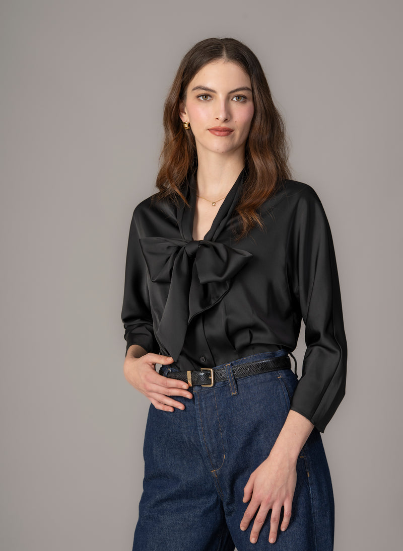 Celeste Black Pussy Bow Blouse