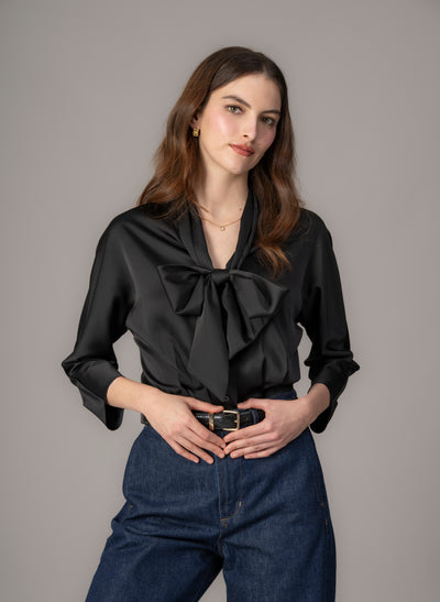 Celeste Black Pussy Bow Blouse