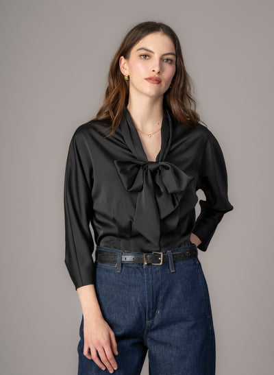 Celeste Black Pussy Bow Blouse