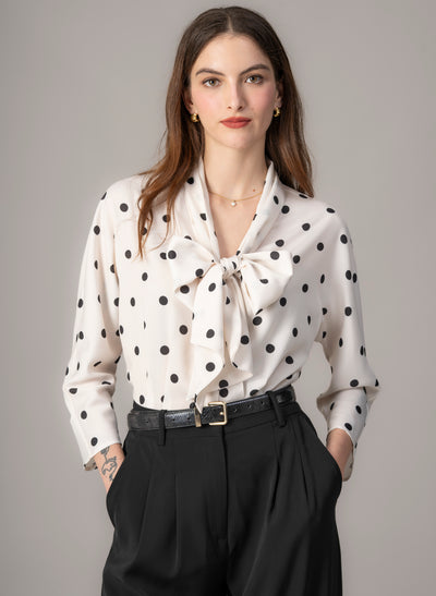 Celeste Ivory & Black Polka Dot Pussy Bow Blouse