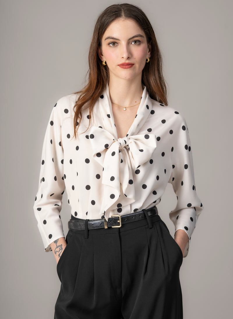 Celeste Ivory & Black Polka Dot Pussy Bow Blouse