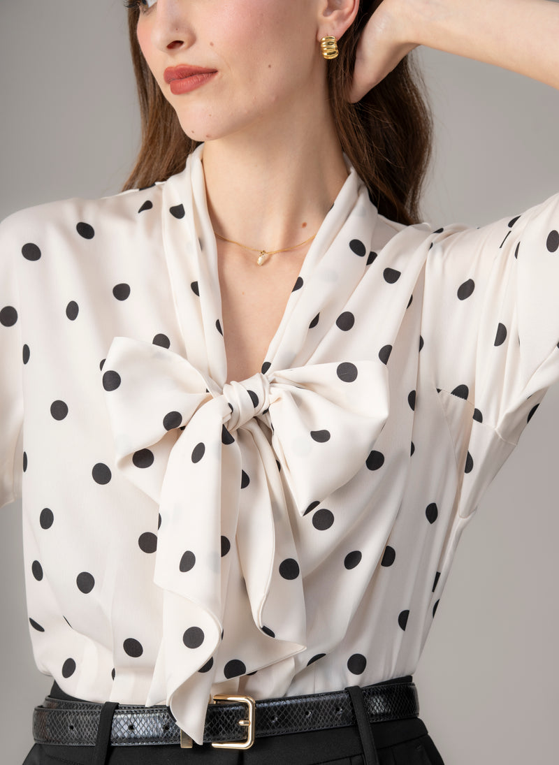 Celeste Ivory & Black Polka Dot Pussy Bow Blouse