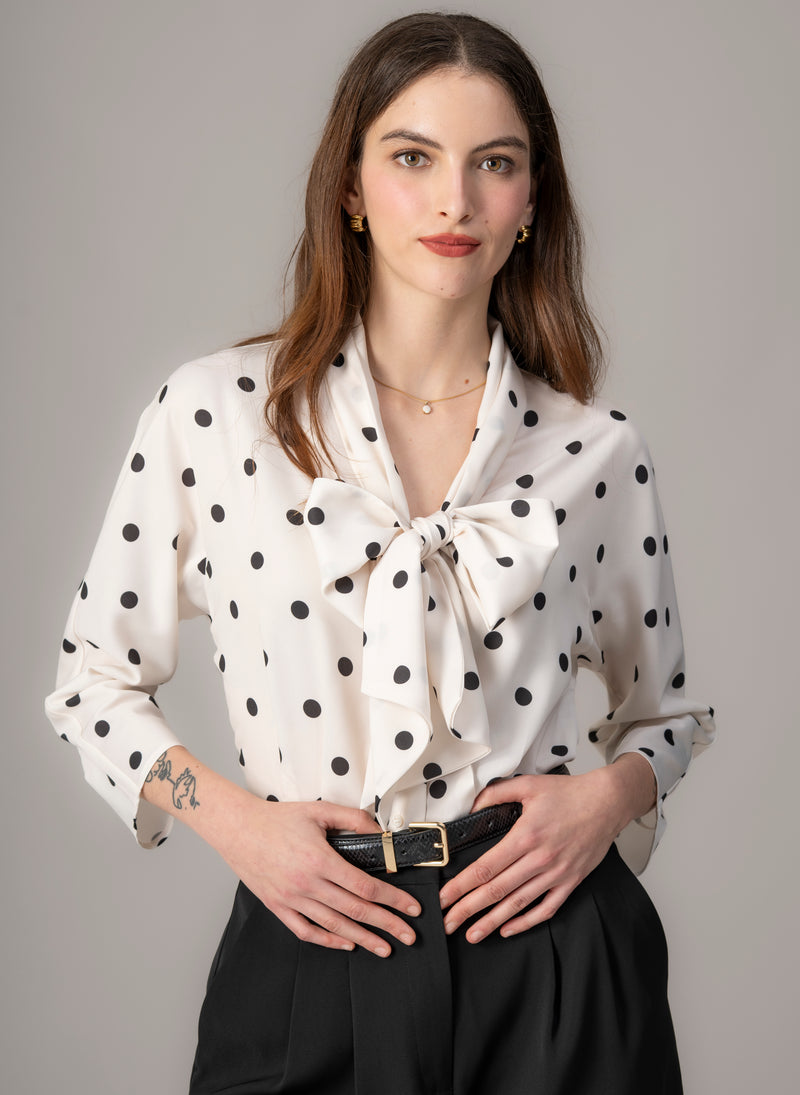 Celeste Ivory & Black Polka Dot Pussy Bow Blouse