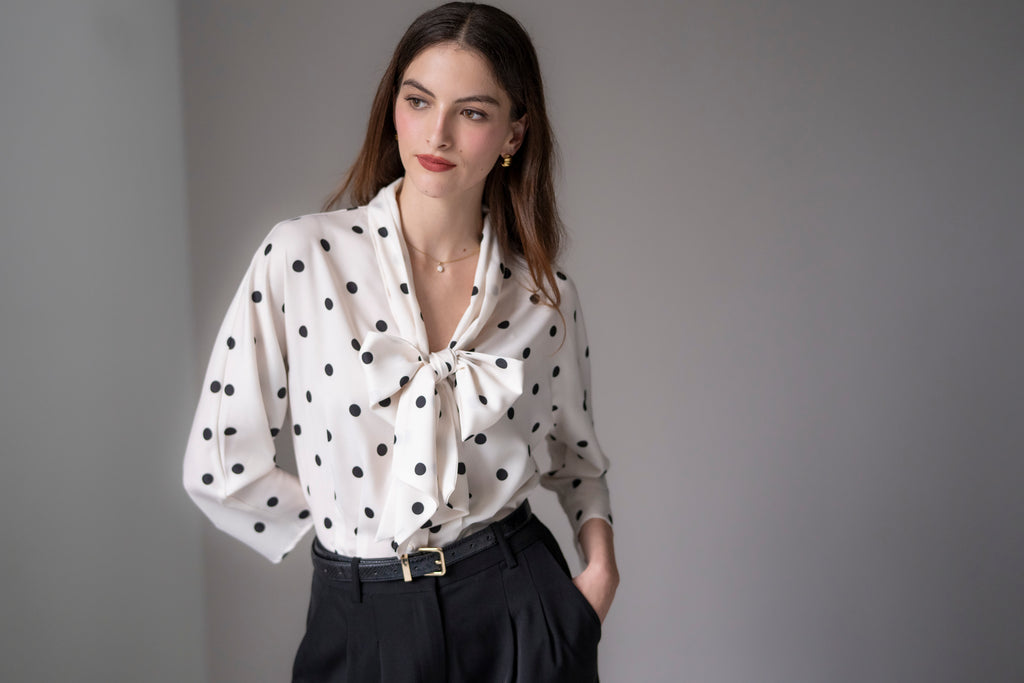 Celeste Tailored Fit Ivory & Polka Dot Blouse Bow Satin Crepe