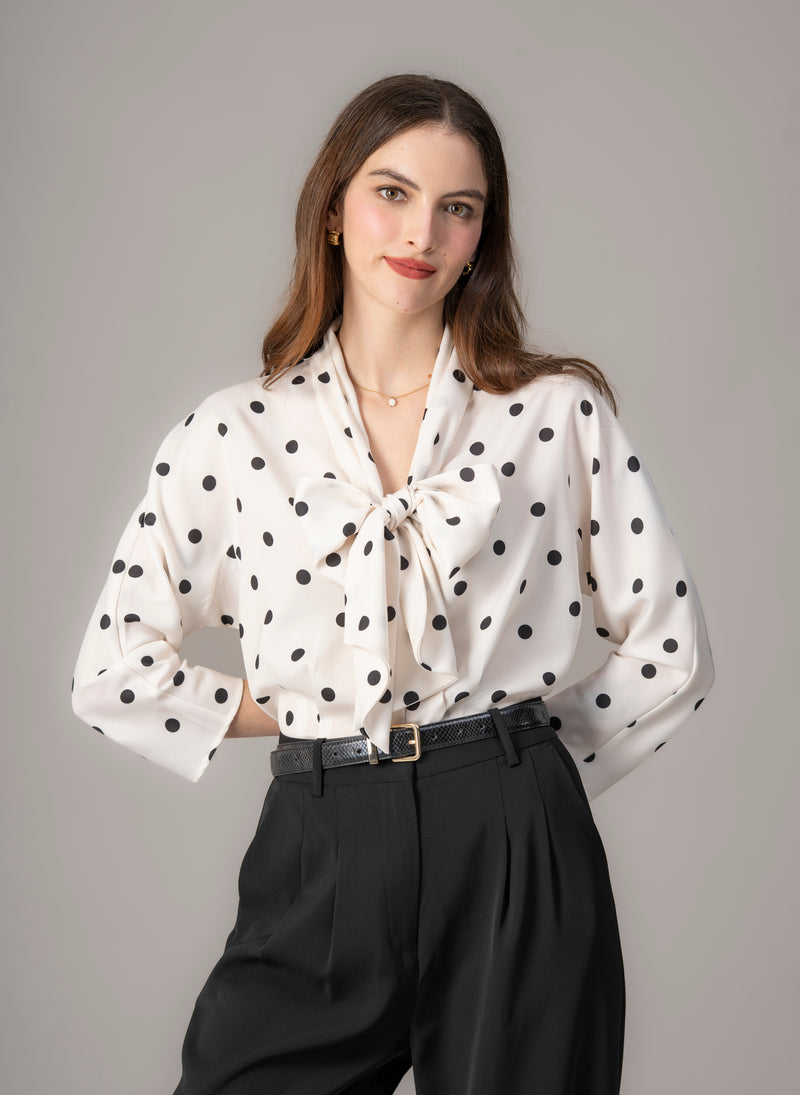 Celeste Ivory & Black Polka Dot Pussy Bow Blouse