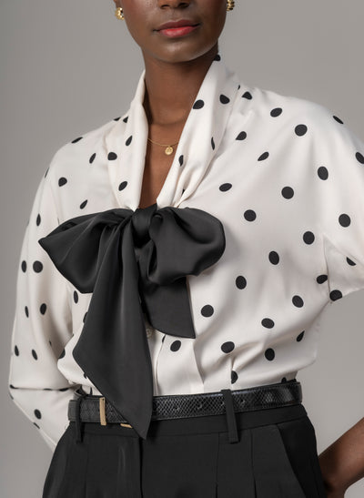 Celeste Ivory & Black Polka Dot Blouse with Black Pussy Bow