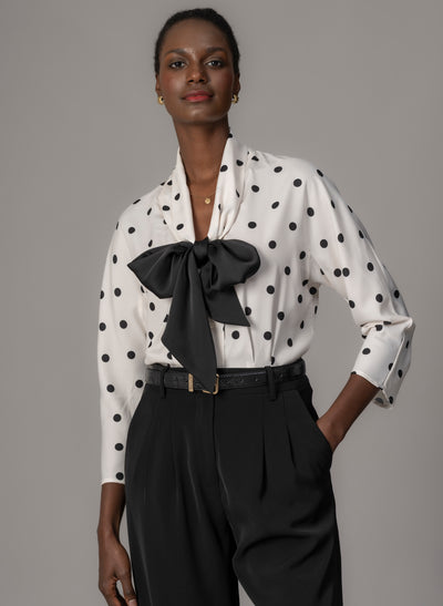 Celeste Ivory & Black Polka Dot Blouse with Black Pussy Bow