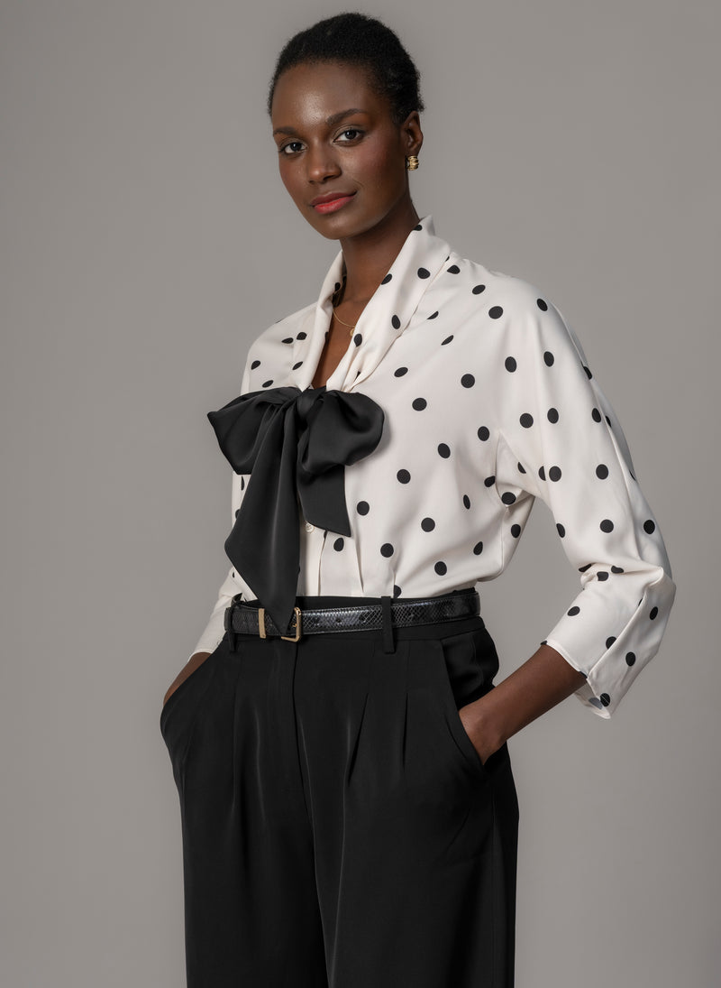 Celeste Ivory & Black Polka Dot Blouse with Black Pussy Bow