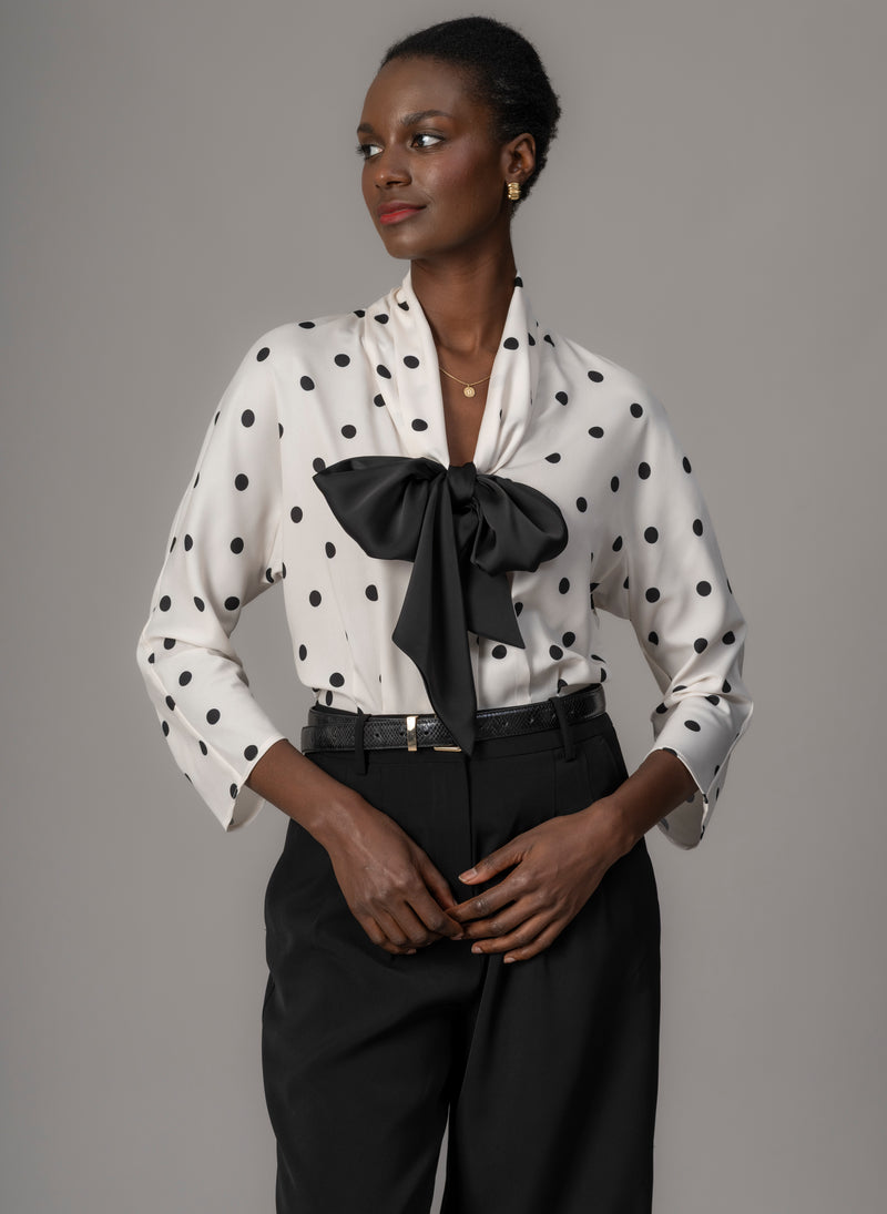 Celeste Ivory & Black Polka Dot Blouse with Black Pussy Bow