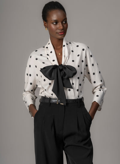 Celeste Ivory & Black Polka Dot Blouse with Black Pussy Bow