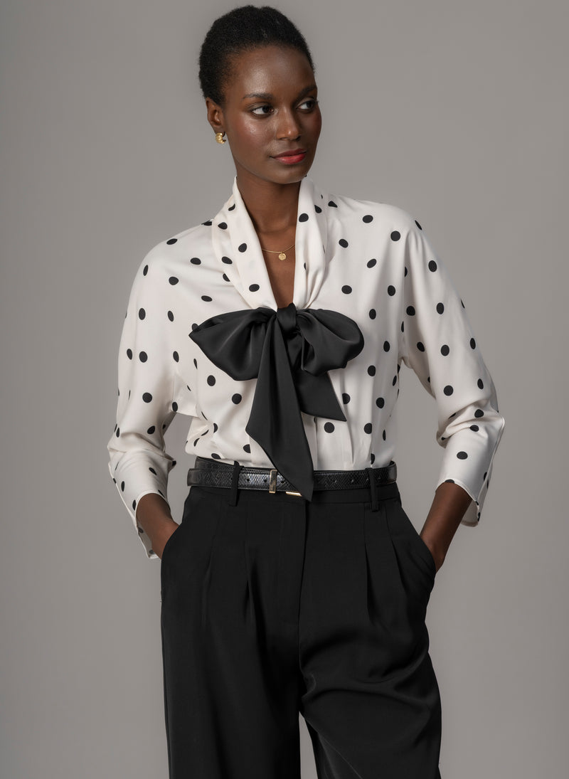 Celeste Ivory & Black Polka Dot Blouse with Black Pussy Bow