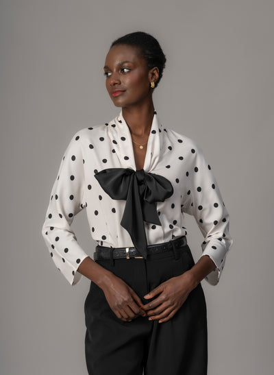 Celeste Ivory & Black Polka Dot Blouse with Black Pussy Bow