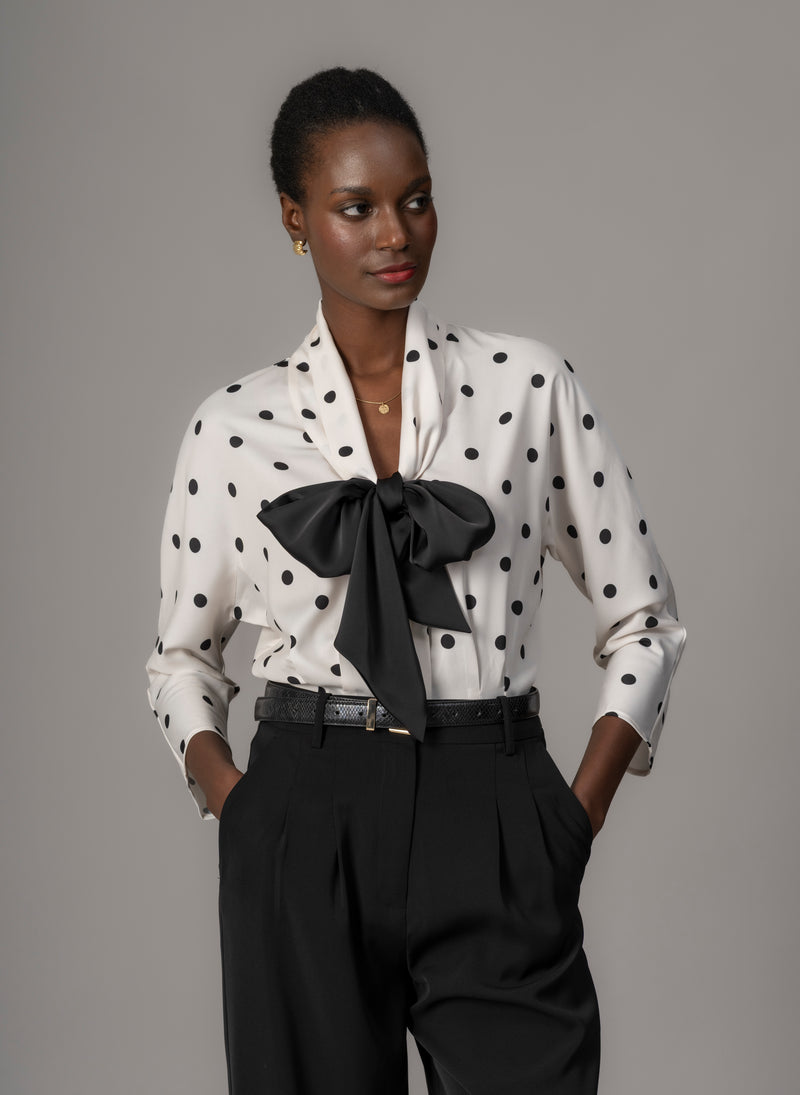 Celeste Ivory & Black Polka Dot Blouse with Black Pussy Bow