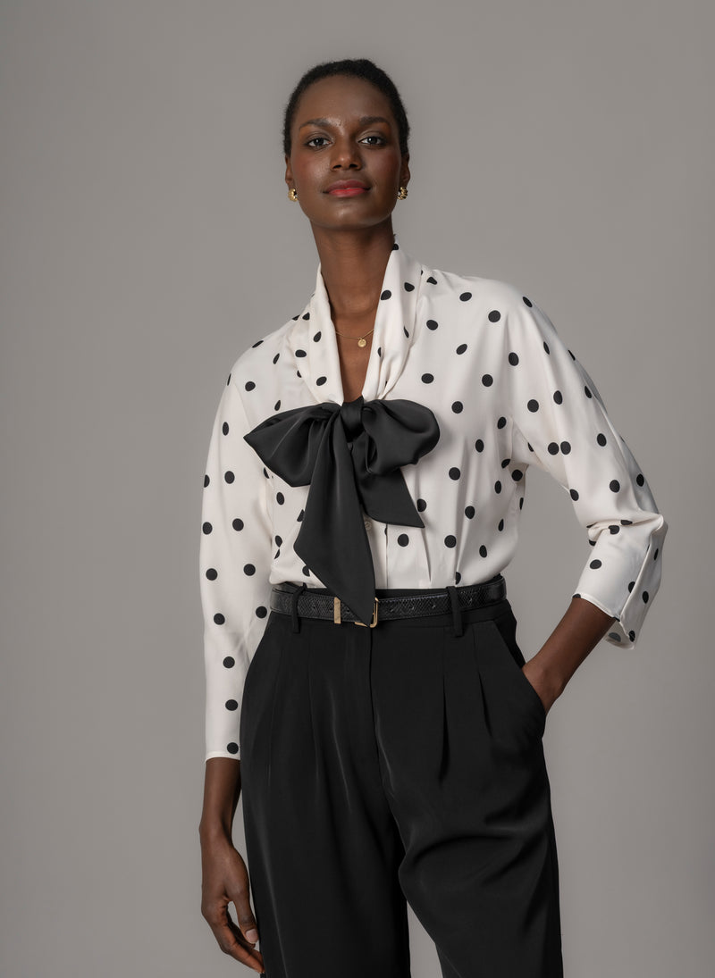 Celeste Ivory & Black Polka Dot Blouse with Black Pussy Bow