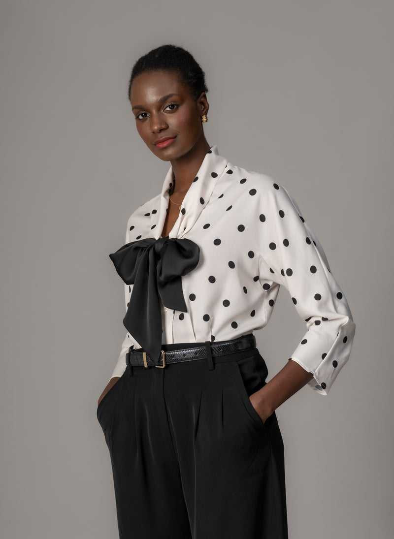 Celeste Ivory & Black Polka Dot Blouse with Black Pussy Bow