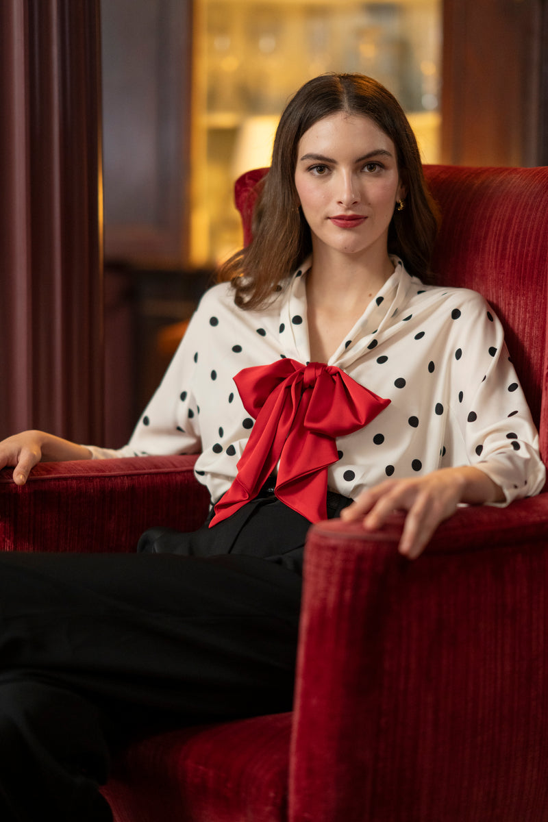 Celeste Ivory & Black Polka Dot Blouse with Red Pussy Bow