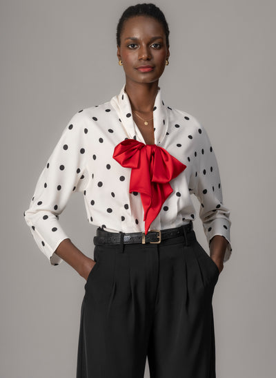 Celeste Ivory & Black Polka Dot Blouse with Red Pussy Bow