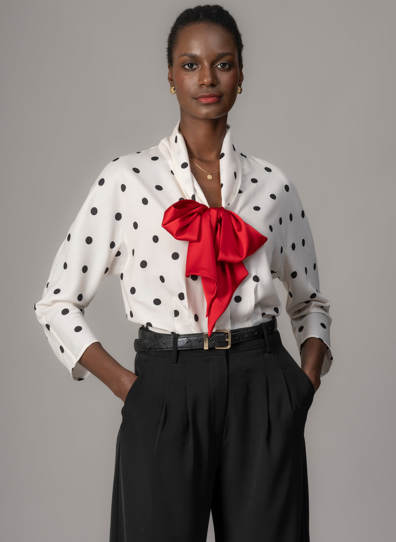 Celeste Ivory & Black Polka Dot Blouse with Red Pussy Bow