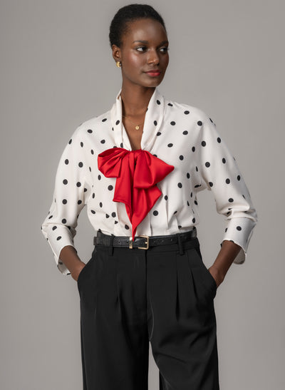 Celeste Ivory & Black Polka Dot Blouse with Red Pussy Bow