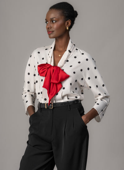 Celeste Ivory & Black Polka Dot Blouse with Red Pussy Bow