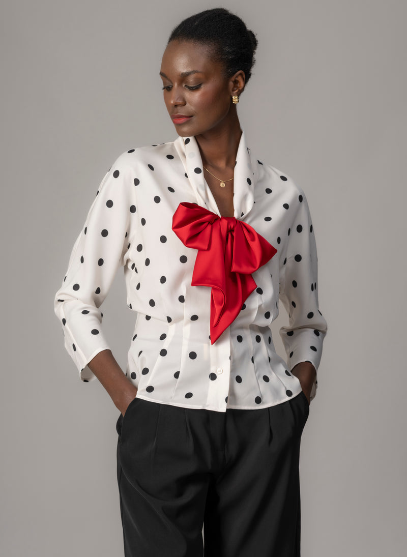 Celeste Ivory & Black Polka Dot Blouse with Red Pussy Bow