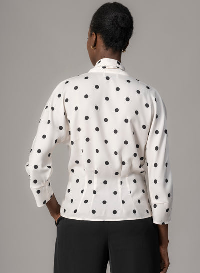 Celeste Ivory & Black Polka Dot Blouse with Red Pussy Bow