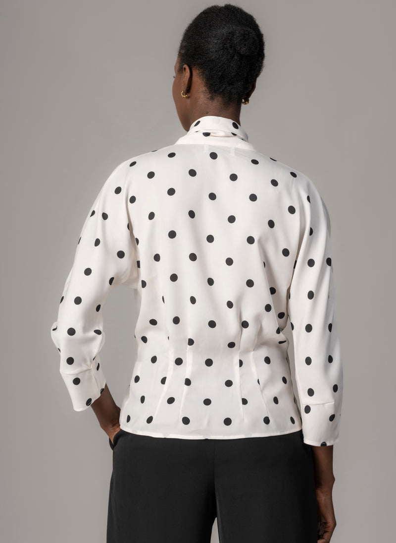 Celeste Ivory & Black Polka Dot Blouse with Red Pussy Bow