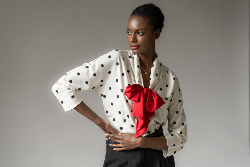 Celeste Tailored Fit Ivory & Polka Dot Blouse Red Bow Satin Crepe