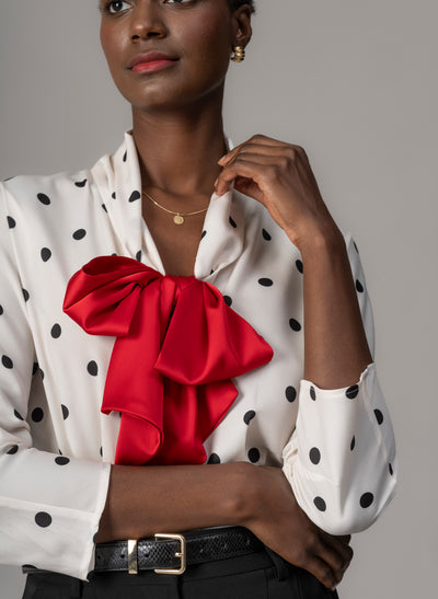 Celeste Ivory & Black Polka Dot Blouse with Red Pussy Bow