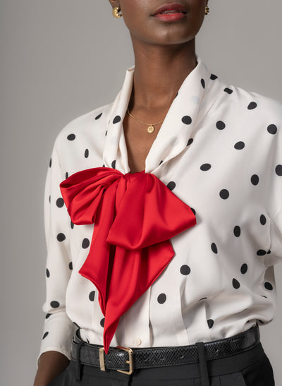 Celeste Ivory & Black Polka Dot Blouse with Red Pussy Bow