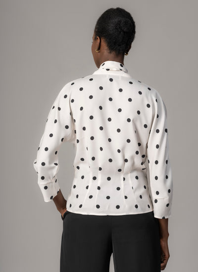 Celeste Ivory & Black Polka Dot Blouse with Red Pussy Bow