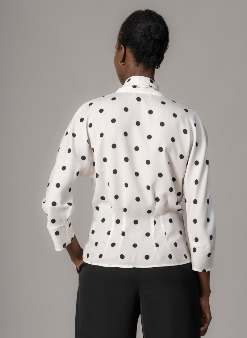 Celeste Ivory & Black Polka Dot Blouse with Red Pussy Bow