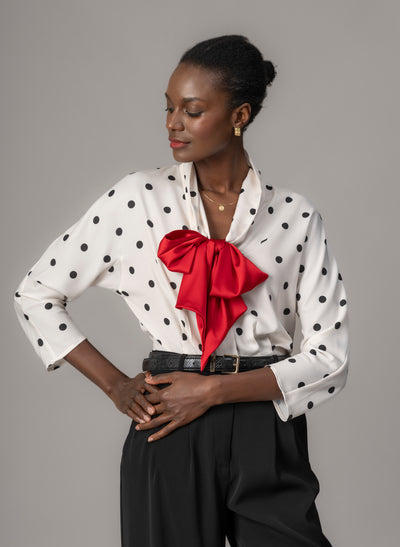 Celeste Ivory & Black Polka Dot Blouse with Red Pussy Bow