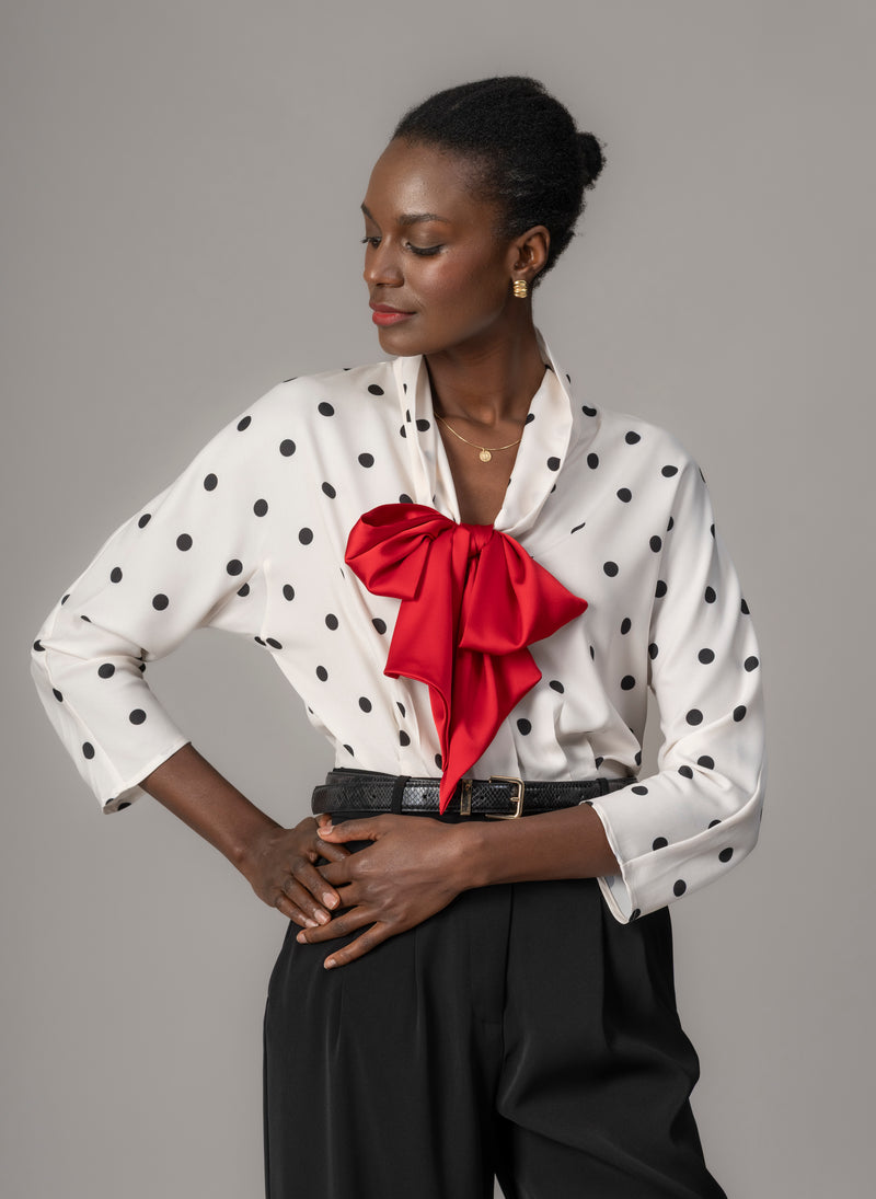 Celeste Ivory & Black Polka Dot Blouse with Red Pussy Bow