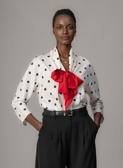 Celeste Ivory & Black Polka Dot Blouse with Red Pussy Bow