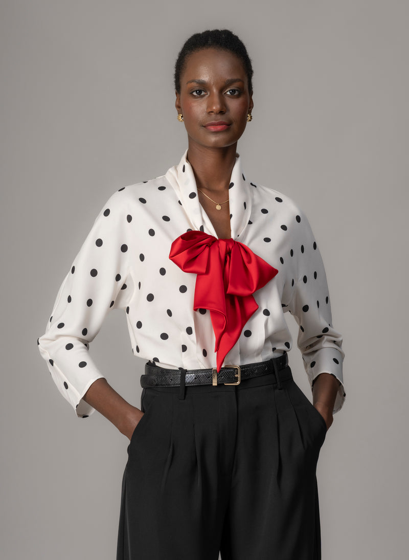 Celeste Ivory & Black Polka Dot Blouse with Red Pussy Bow