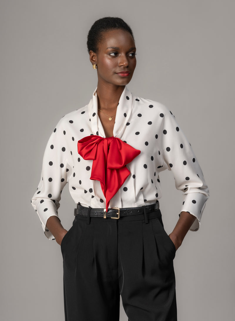 Celeste Ivory & Black Polka Dot Blouse with Red Pussy Bow