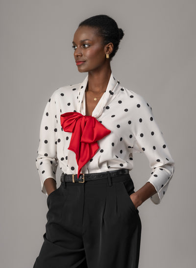 Celeste Ivory & Black Polka Dot Blouse with Red Pussy Bow