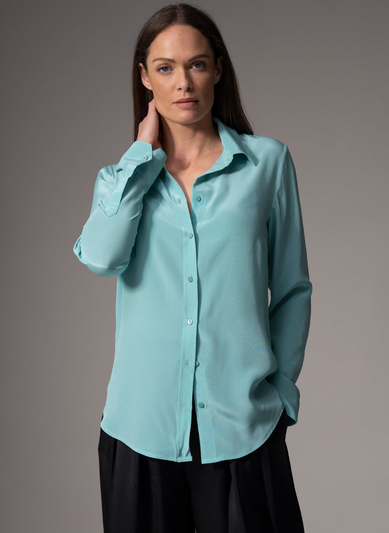 CELINE SEA GREEN CLASSIC SILK CREPE DE CHINE EVERYDAY BLOUSE