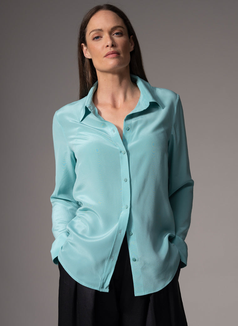 CELINE SEA GREEN CLASSIC SILK CREPE DE CHINE EVERYDAY BLOUSE