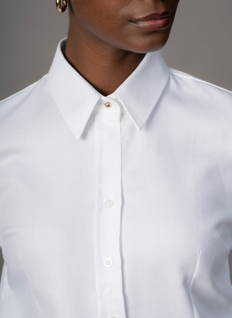 Charmaine White Herringbone Weave Tailored Tuxedo Evening Shirt