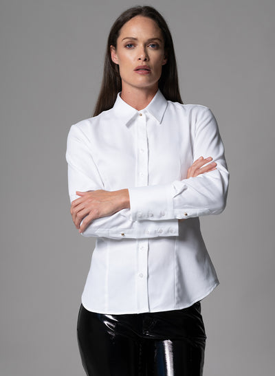 CHARMAINE WHITE TEXTURED WEAVE TAILORED TUXEDO EVENING SHIRT