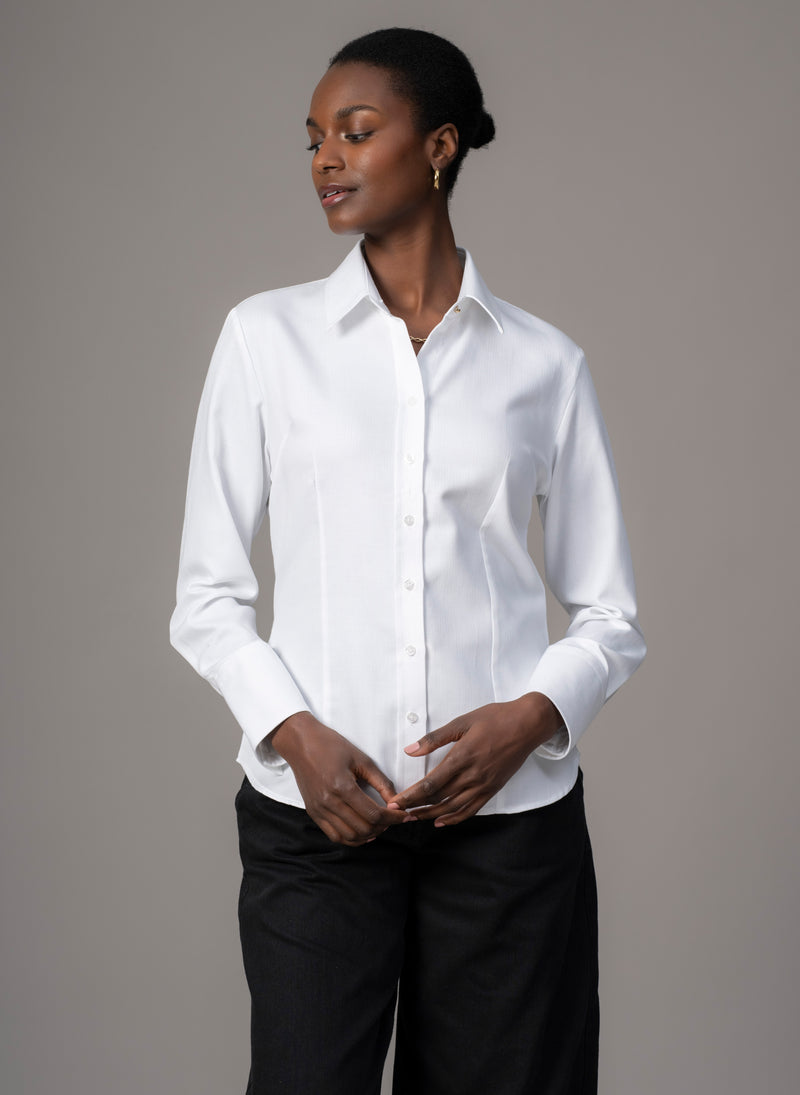 Charmaine White Herringbone Weave Tailored Tuxedo Evening Shirt