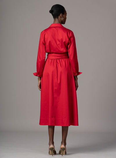 Christiane Red Cotton Sateen Everyday Midi Length Shirt Dress
