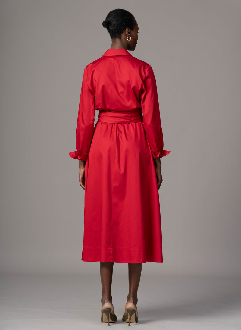 Christiane Red Cotton Sateen Everyday Midi Length Shirt Dress